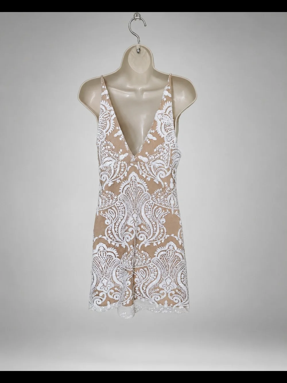Free People Womens Nude White Lace Overlay V-Neck Boho Mini Dress Size 0 - Picture 6 of 9